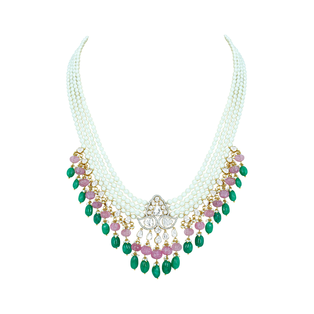 Layered Pearl Necklace with Polki, Emerald, and Rose Quartz Beads